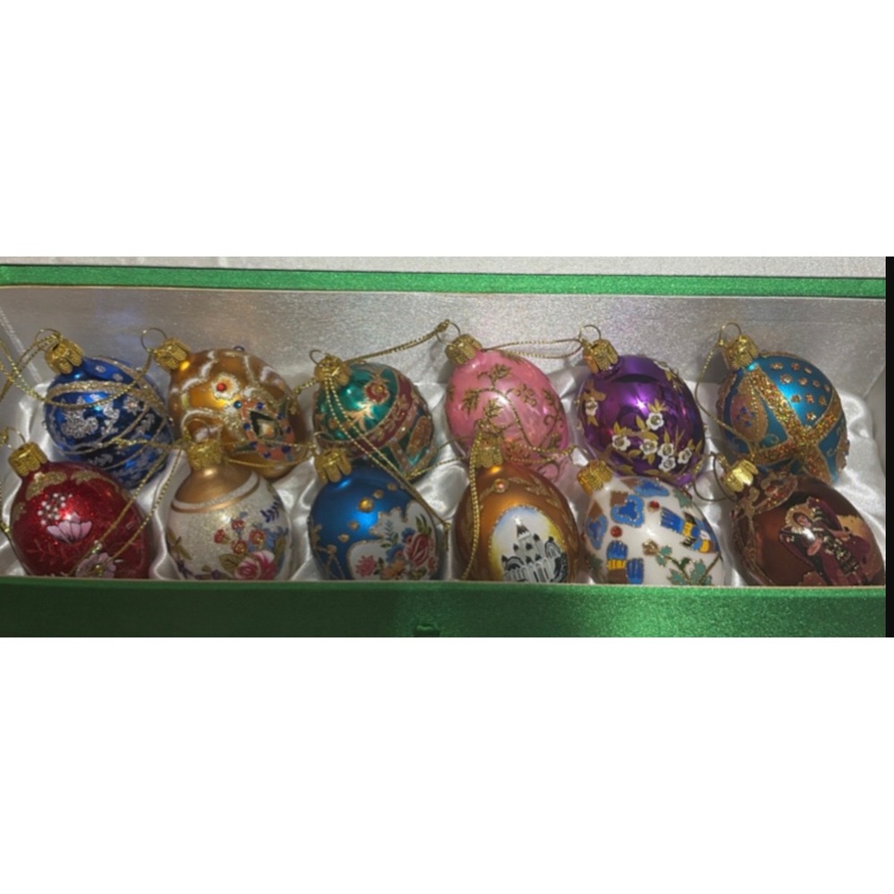 Joan Rivers QVC Fabergé Inspired Hand Painted Glass Egg Christmas Ornaments 12